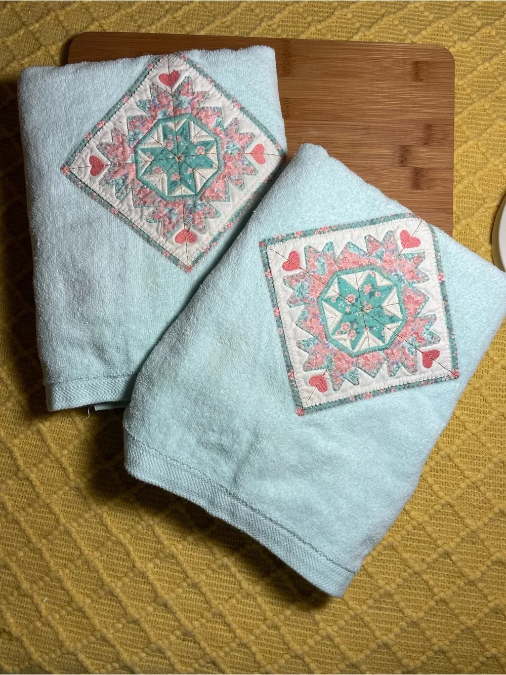 Vintage Light Blue Embroidered Cotton Bath Towels - Set of 2